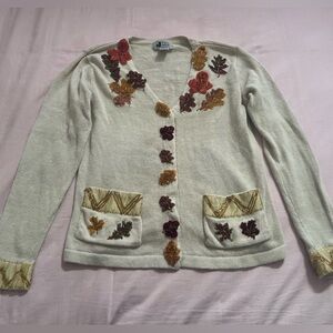 Fall Autumn leaves Embroidered Beaded Cream Cardigan